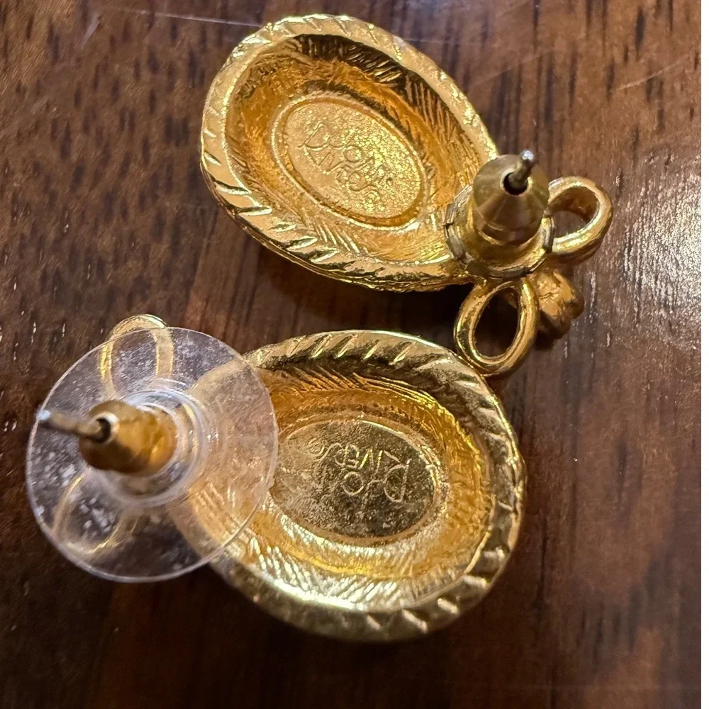 Joan Rivers Signed Vintage Gold Tone Faberge‎ Egg Bow Earrings